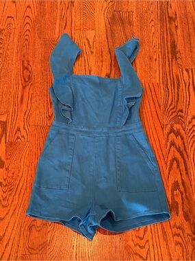 Girls Blue Ruffle-Shoulder Romper